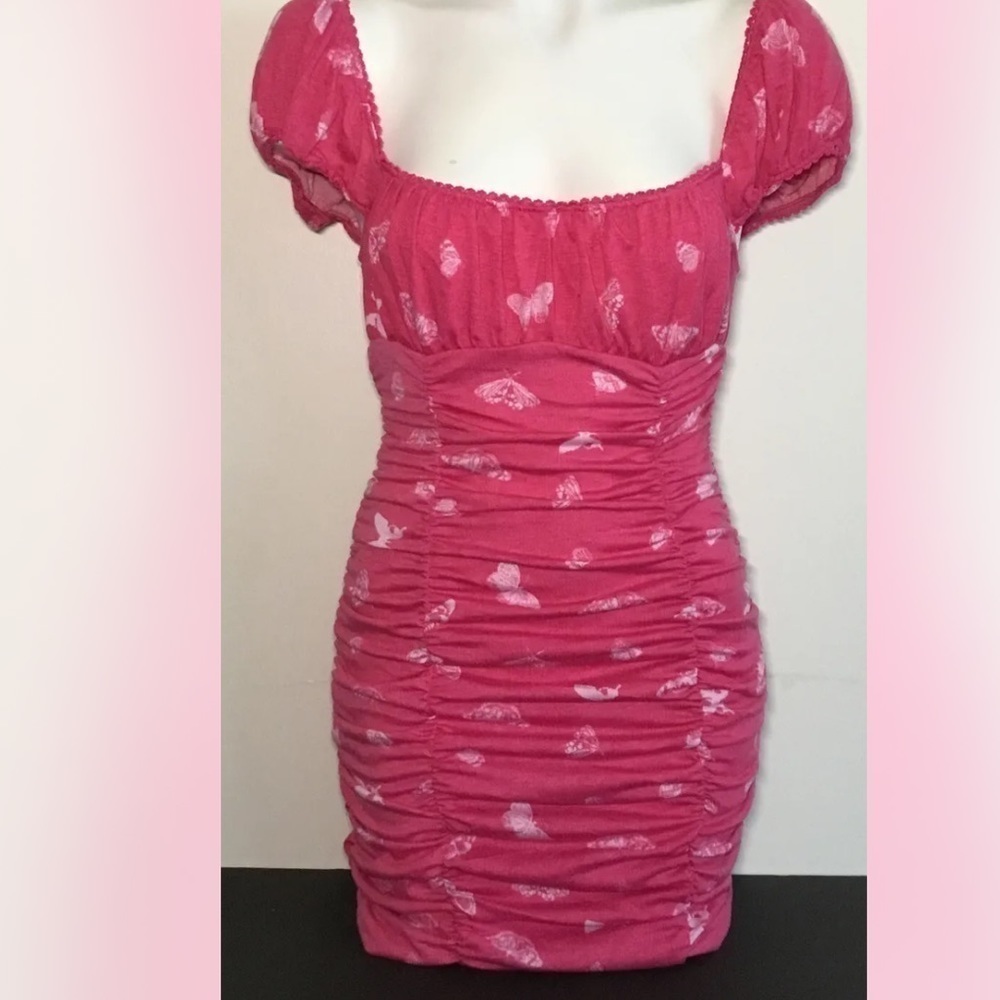 URBAN Outfitters Pink Y2k Butterfly Brenan Printed Ruched Mini Dress New